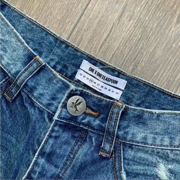 One Teaspoon High Waist Bonita Jean Shorts Blue Fringe Distressed Denim Cutoffs - Picture 10 of 15